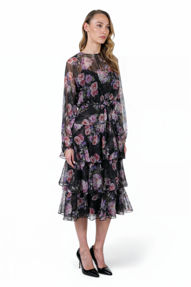Mikael Aghal Black Floral Tiered Chiffon Dress with Metallic Accents