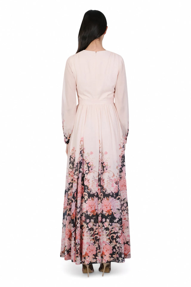 MSA Haute Couture blush floral print long sleeve maxi dress with V-neck, button detail, and tie waist.