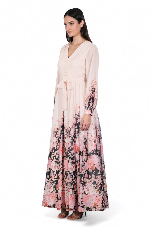 MSA Haute Couture blush floral print long sleeve maxi dress with V-neck, button detail, and tie waist.