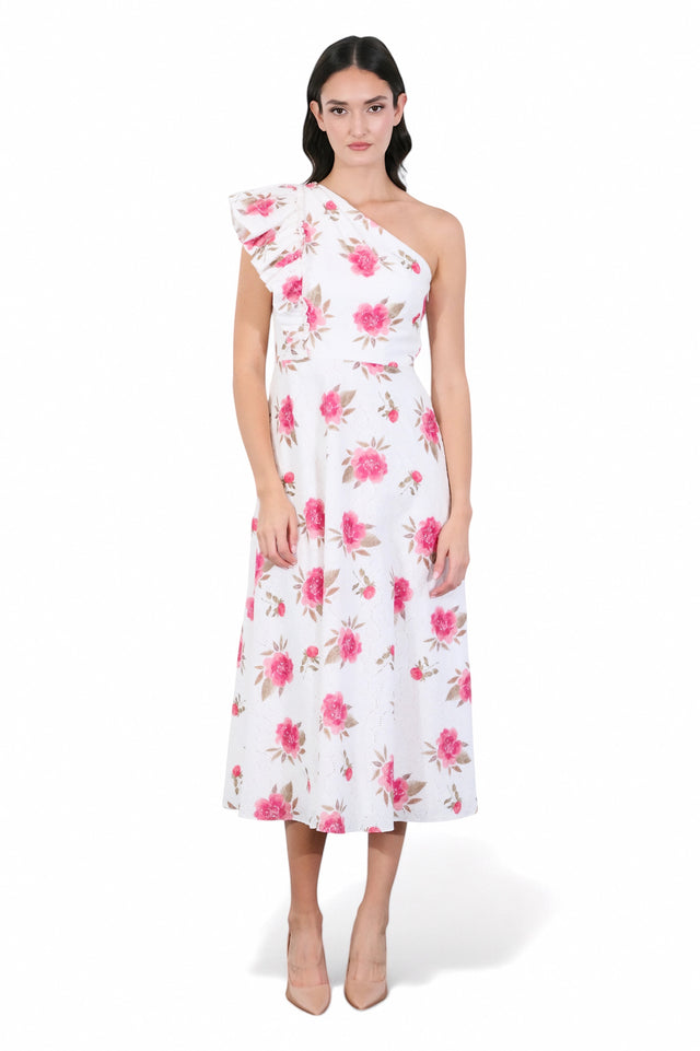 MSA Haute Couture white midi dress with pink floral print and ruffled one-shoulder design.