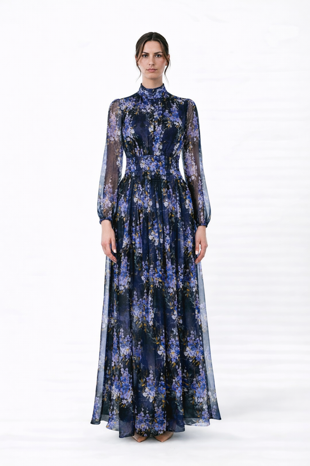 Mikael Aghal Navy Blue Floral Chiffon Long Sleeve Maxi Dress