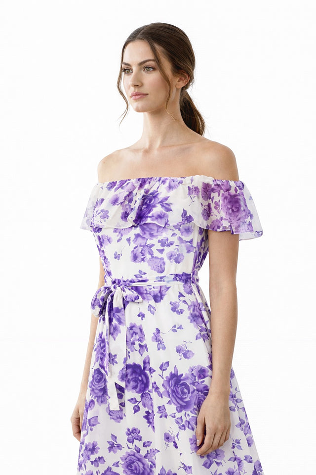 Mikael Aghal ivory off-shoulder midi dress with lavender floral print