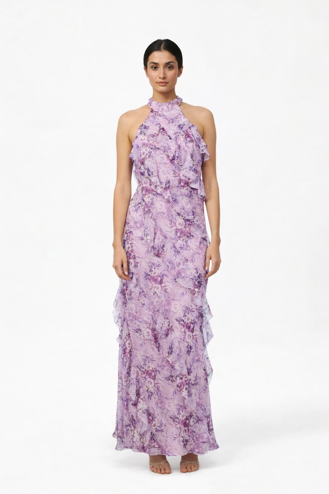 Mikael Aghal lavender floral chiffon halter gown with ruffle detailing
