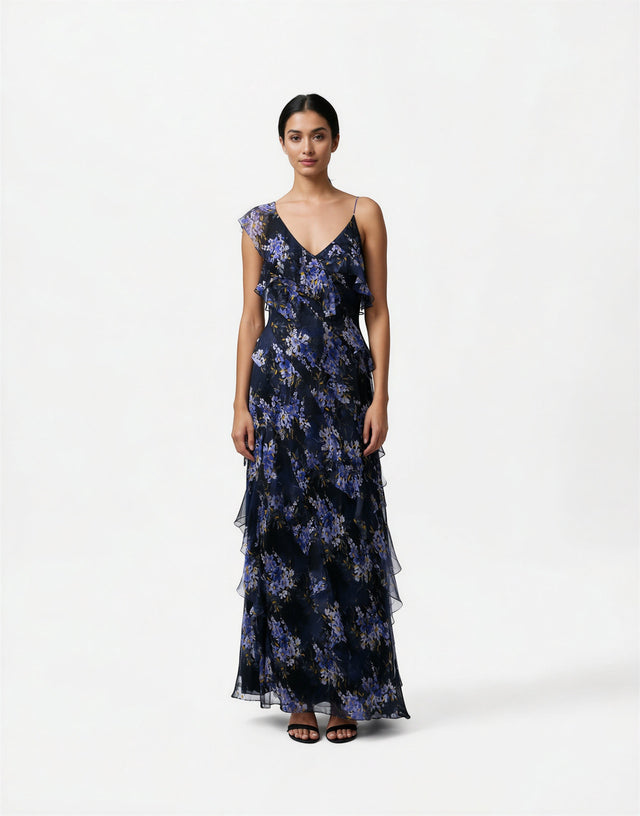 Mikael Aghal midnight navy floral chiffon gown with ruffle detailing