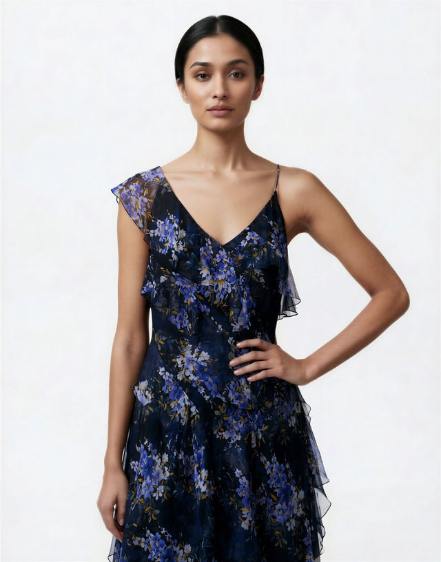 Mikael Aghal Midnight Floral Ruffle Gown