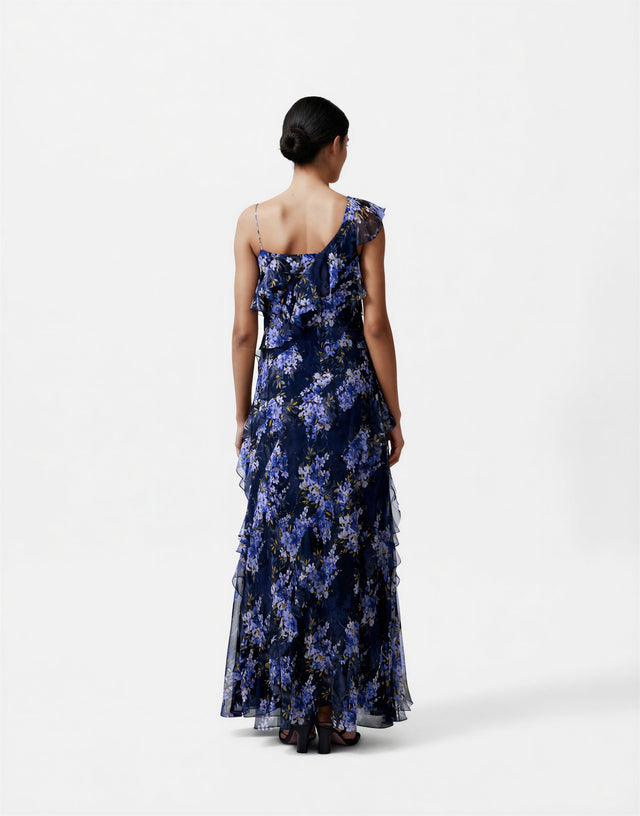 Mikael Aghal Midnight Floral Ruffle Gown