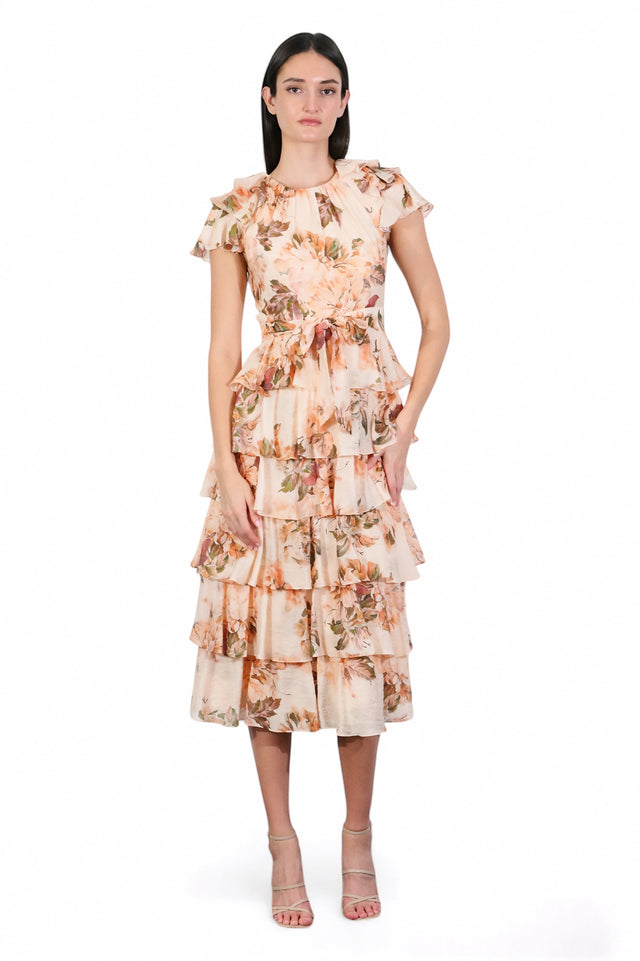 MSA Haute Couture peach floral print tiered ruffle gown with short sleeves and a tie waist.