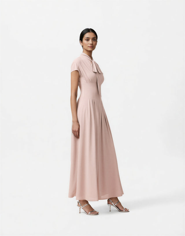 Mikael Aghal Blush Pleated Tie-Neck Gown