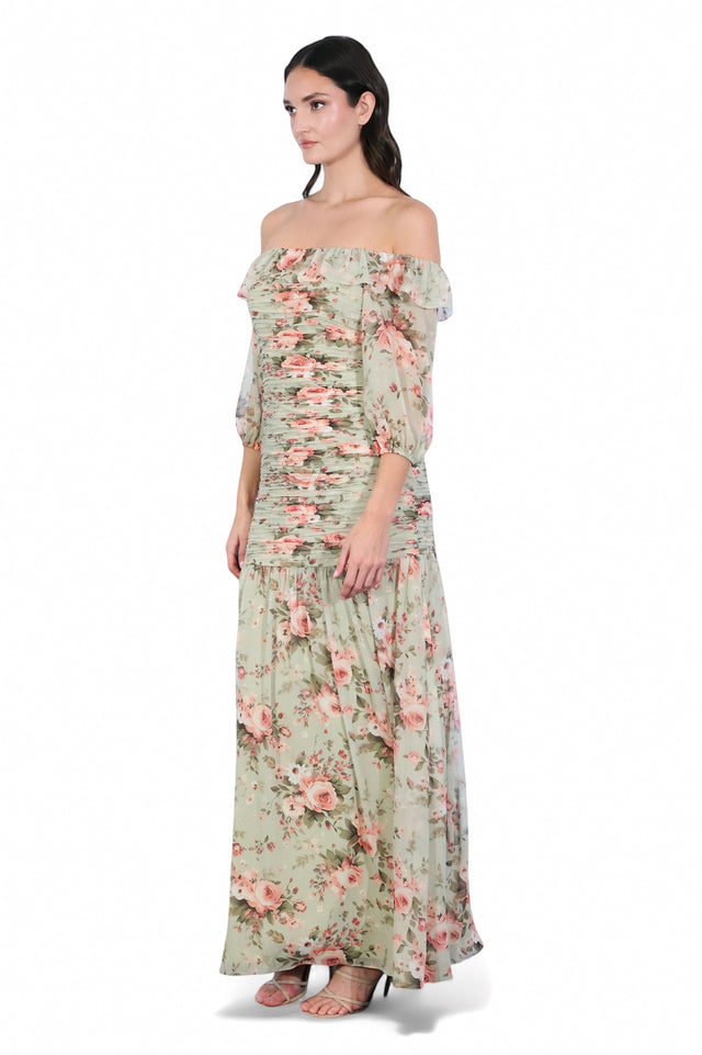 MSA Haute Couture sage green floral off-shoulder midi dress with ruched bodice and ruffle neckline.