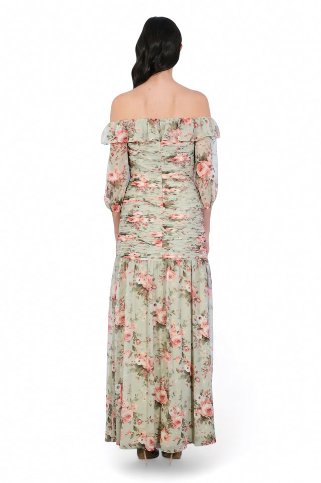MSA Haute Couture sage green floral off-shoulder midi dress with ruched bodice and ruffle neckline.