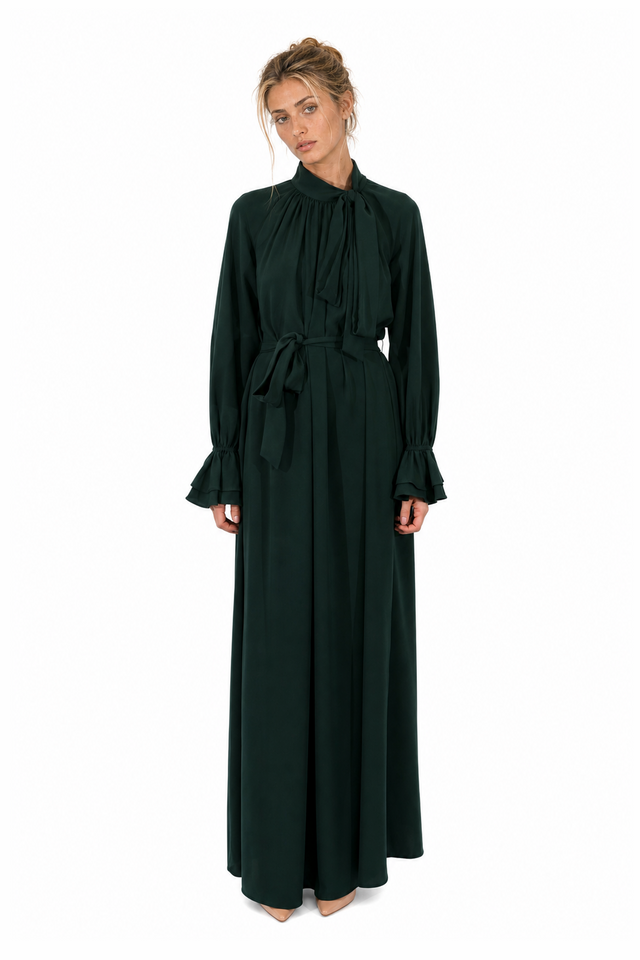 Mikael Aghal women's high-neck tie-detail long-sleeve georgette maxi gown in forest green