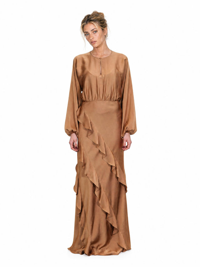 Mikael Aghal Keyhole Ruffle Satin Maxi Gown in Camel Caramel