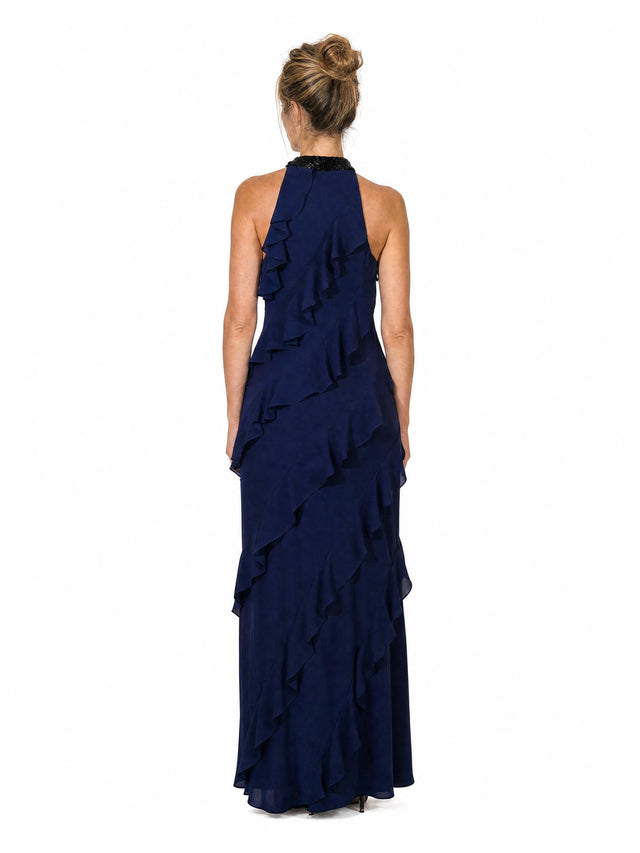 Mikael Aghal women's beaded halter neck asymmetrical ruffle maxi gown in navy blue
