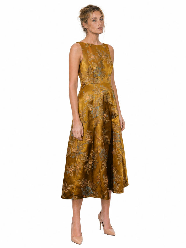Mikael Aghal Embroidered Velvet Midi Dress in Ochre Gold