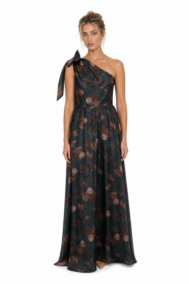 Mikael Aghal One-Shoulder Bow Jacquard Gown in Teal & Bronze