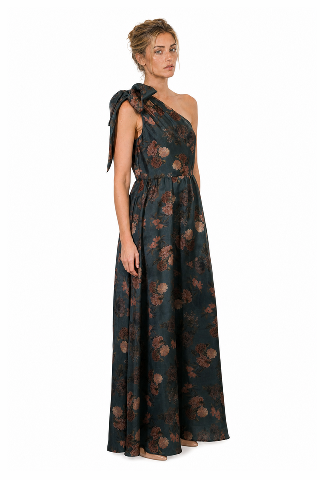 Mikael Aghal One-Shoulder Bow Jacquard Gown in Teal & Bronze