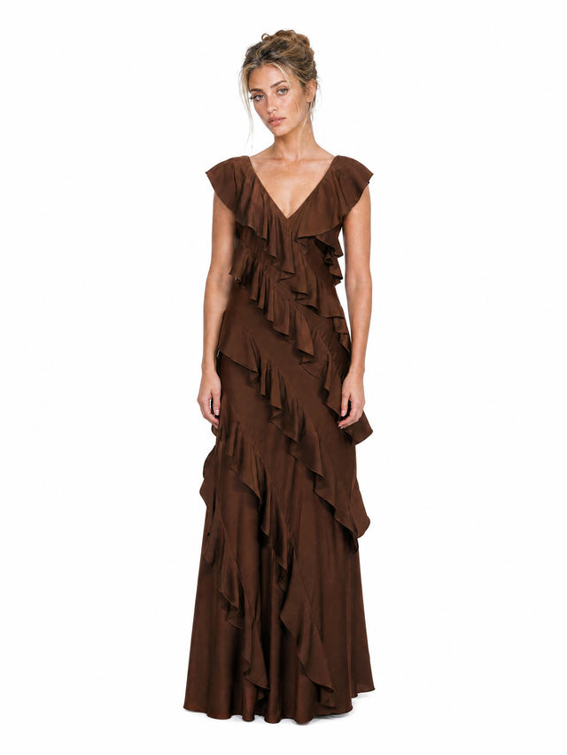 Mikael Aghal Cascade Ruffle V-Neck Maxi Gown in Chocolate Brown