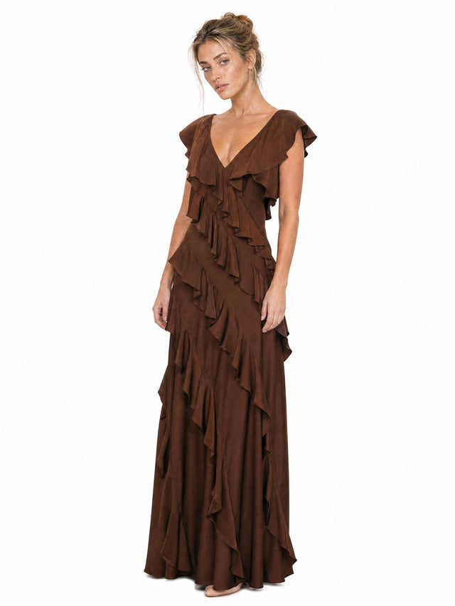 Mikael Aghal Cascade Ruffle V-Neck Maxi Gown in Chocolate Brown