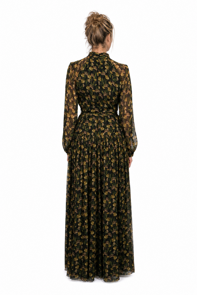 Mikael Aghal olive and moss green floral chiffon keyhole maxi gown