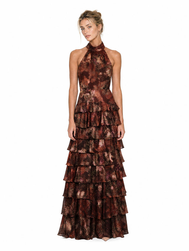 Mikael Aghal Metallic Jacquard Tiered Halter Gown in Bronze & Rust