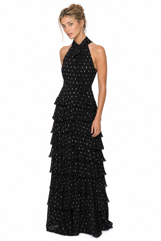 Mikael Aghal women's metallic fil coupé halter neck tiered maxi gown in black and gold
