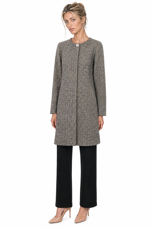 Mikael Aghal women's herringbone wool-blend jewel-button coat in grey and black