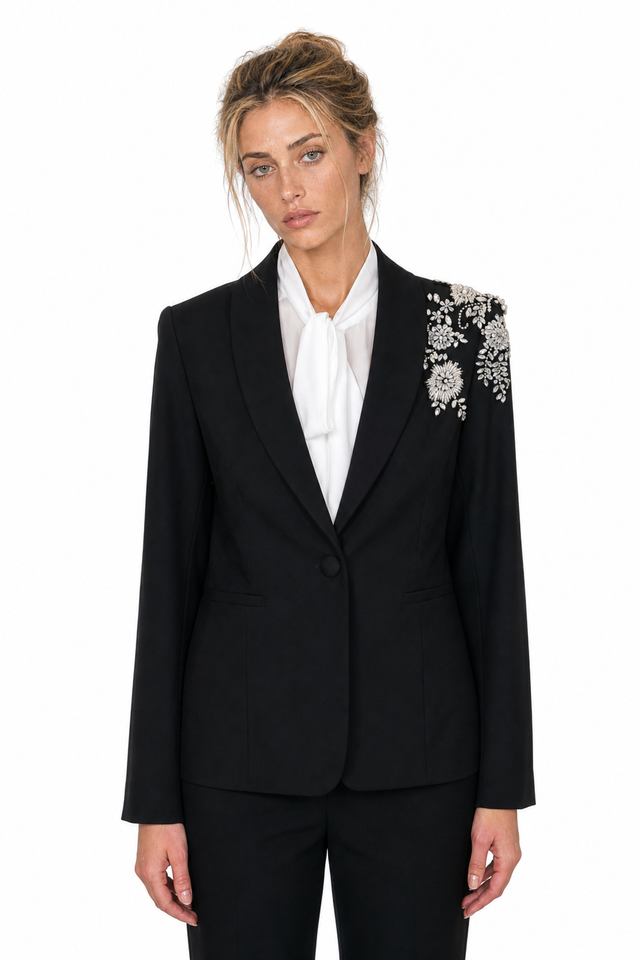 Mikael Aghal women's crystal embellished single-button blazer in black