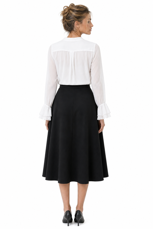 Mikael Aghal women's high-waisted A-line crepe midi skirt in black