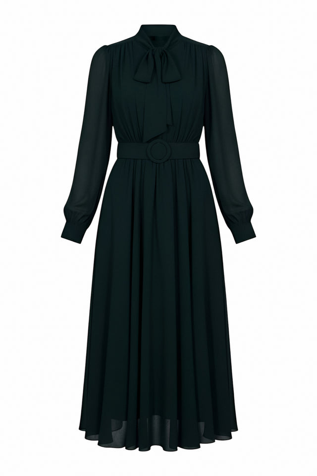 Mikael Aghal Black Belted Midi Dress with Bow Tie Neck