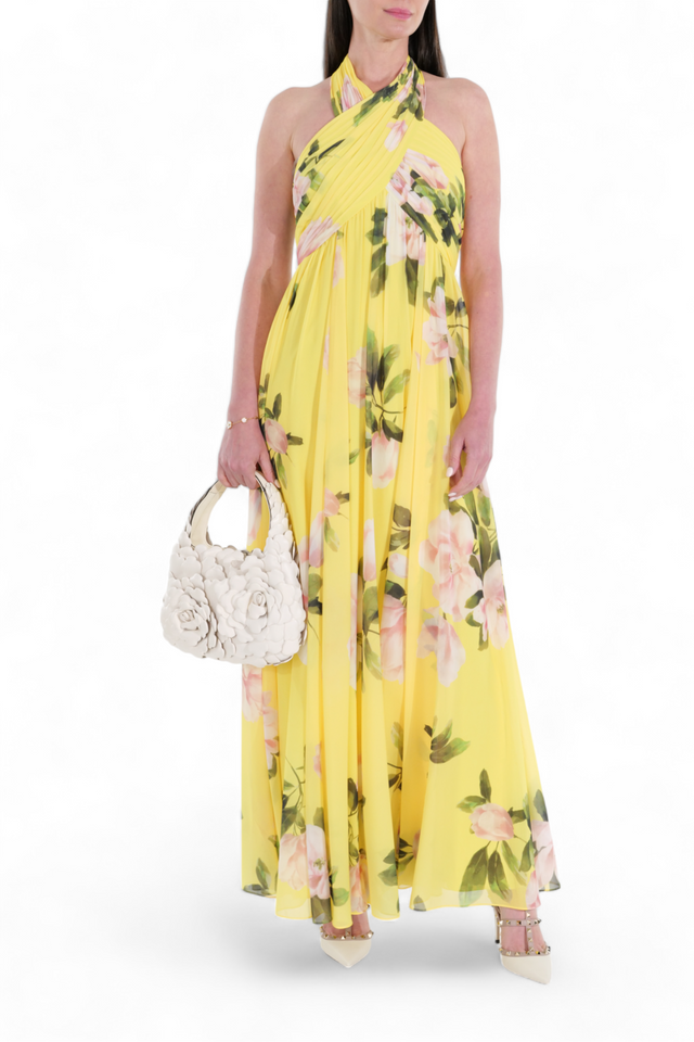 Mikael Aghal Sunshine Floral Draped Halter Gown