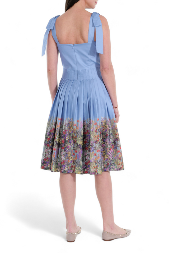 Mikael Aghal Serenity Blue Pleated Dress with Floral Hem