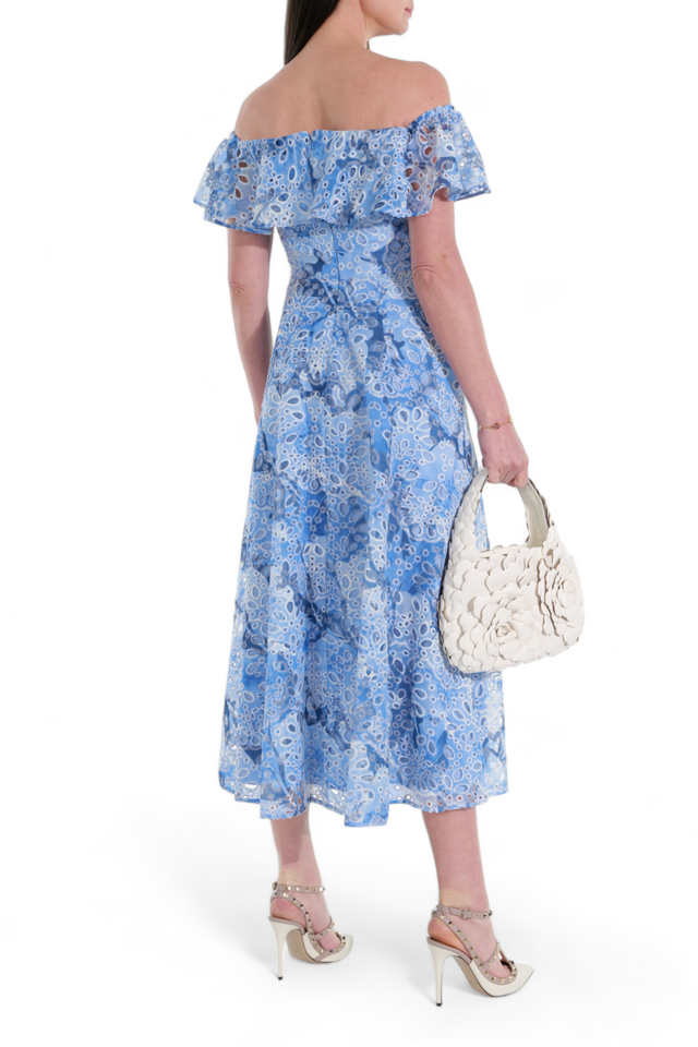 Mikael Aghal Azure Lace Off-Shoulder Maxi Dress