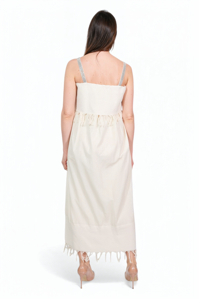 Fabiana Filippi Ivory Fringe-Trim Midi Dress