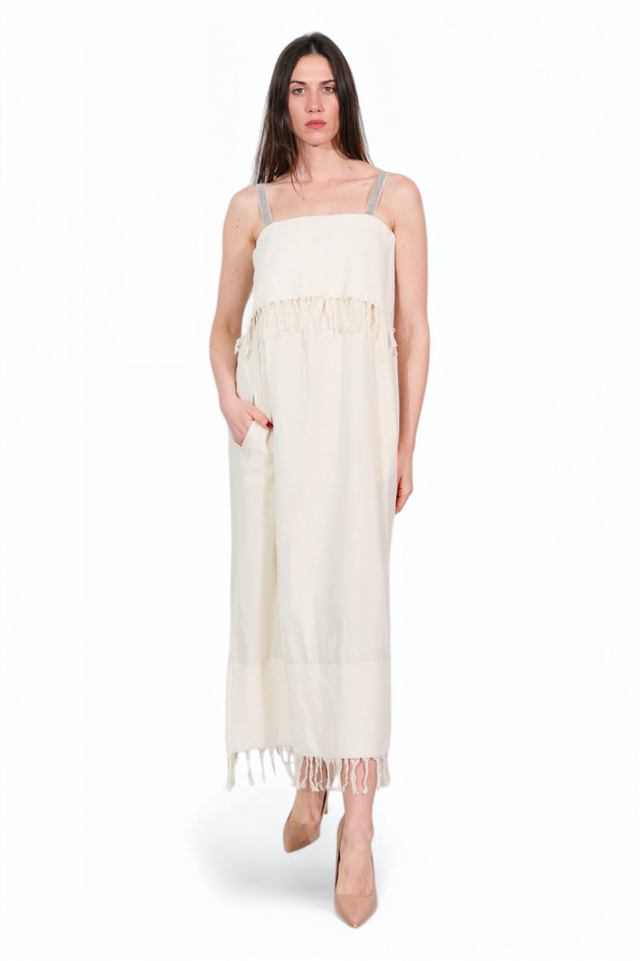 Fabiana Filippi Ivory Fringe-Trim Midi Dress