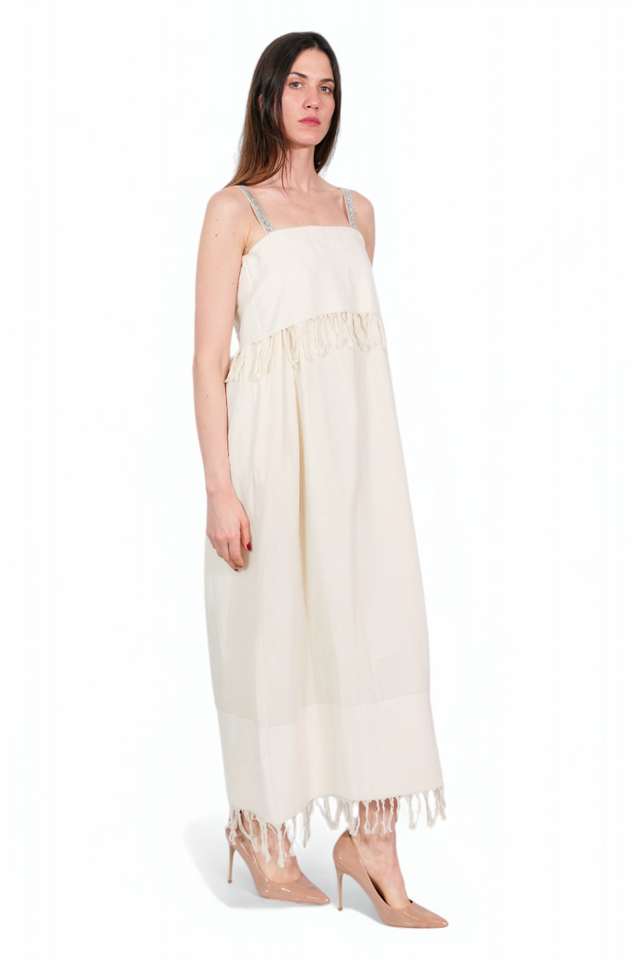 Fabiana Filippi Ivory Fringe-Trim Midi Dress