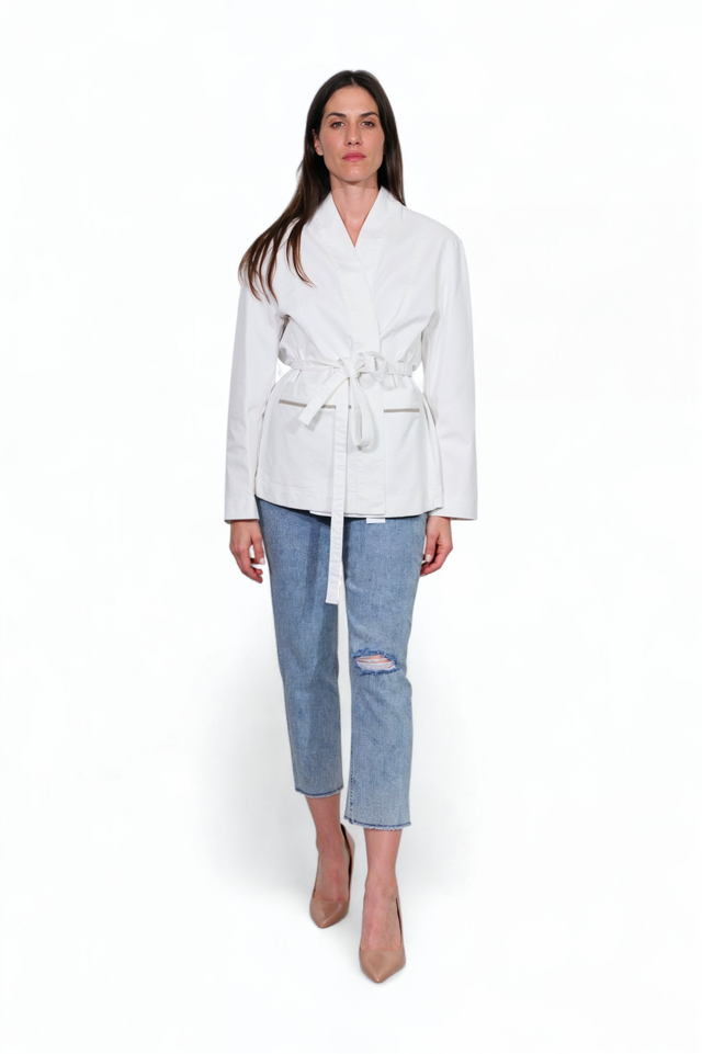 Fabiana Filippi White Cotton Belted Jacket with Denim Detailing