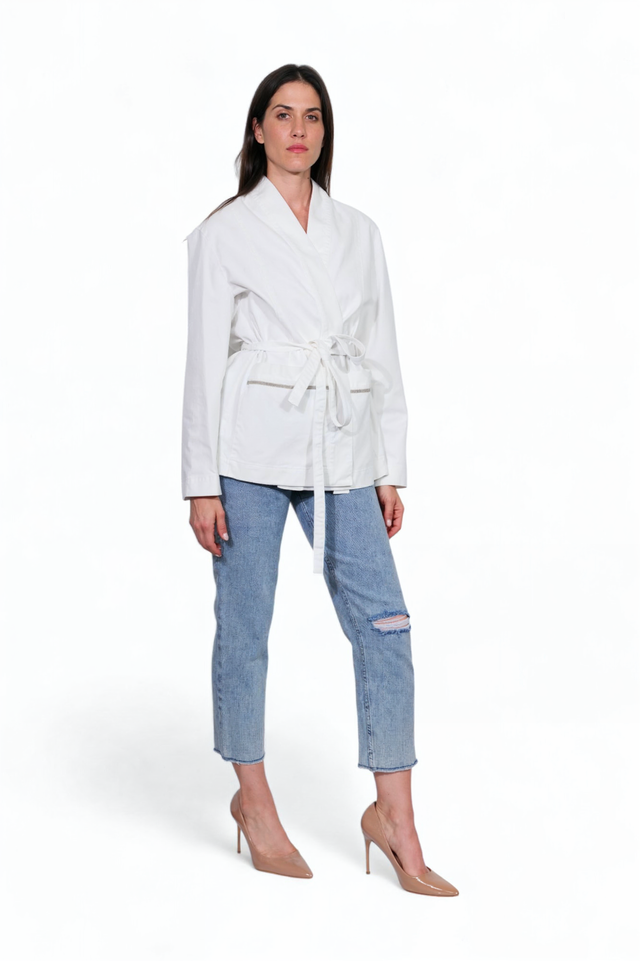 Fabiana Filippi White Cotton Belted Jacket with Denim Detailing