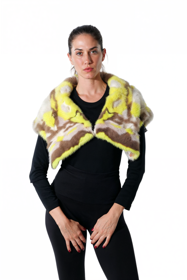 Valentino Vibrant Yellow Mink Capelet with Abstract Pattern