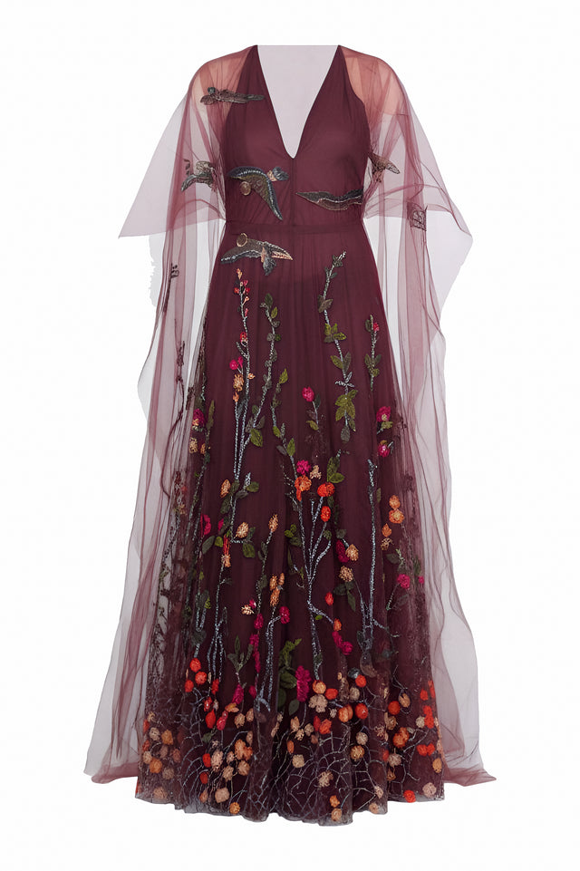 Valentino Embroidered Tulle Gown with Botanical & Bird Motif