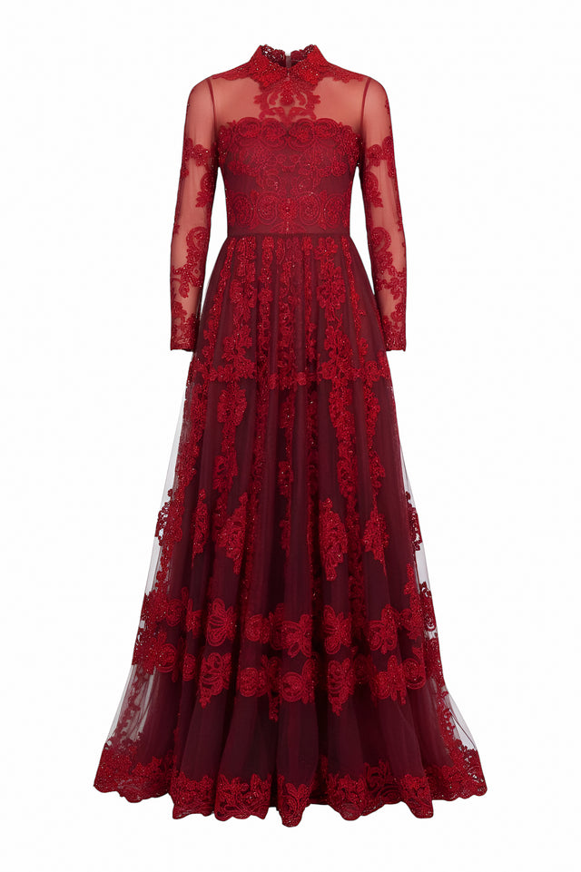 Valentino Embroidered Sheer Gown in Deep Red