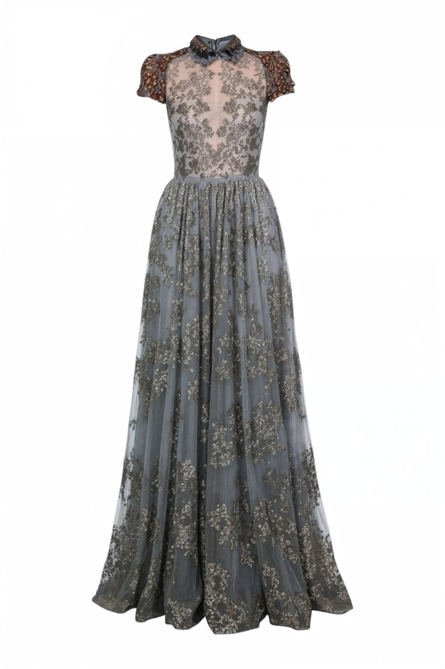 Valentino Embroidered Tulle Gown with Feather-Detail Shoulders