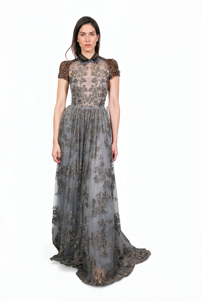 Valentino Embroidered Tulle Gown with Feather-Detail Shoulders