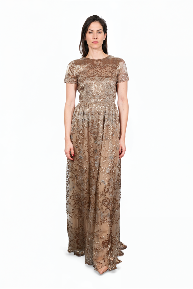 Valentino Gold Embroidered Tulle Gown with V-Back