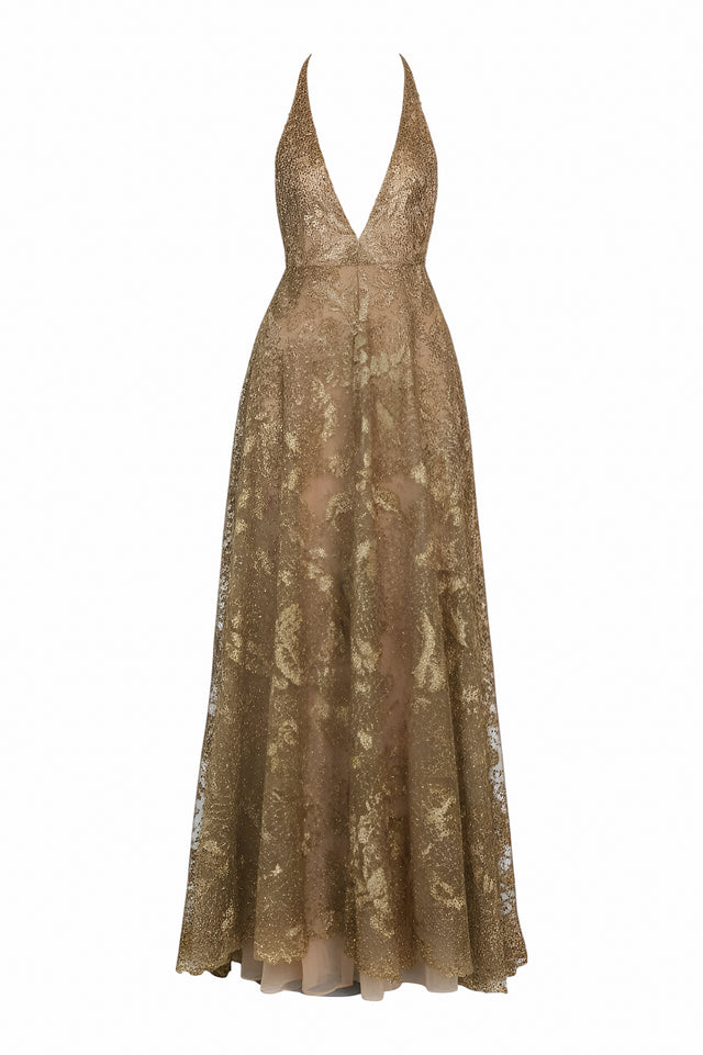 Golden Glamour Valentino Plunging Evening Gown