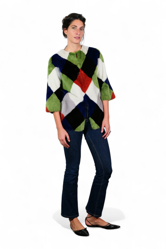 Valentino Multicolor Diamond Patchwork Fur Jacket