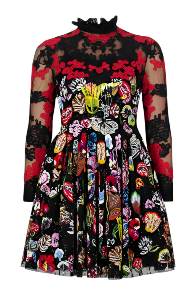 Valentino Embroidered Tulle Mini Dress — Black with Red Lace & Multicolor Florals