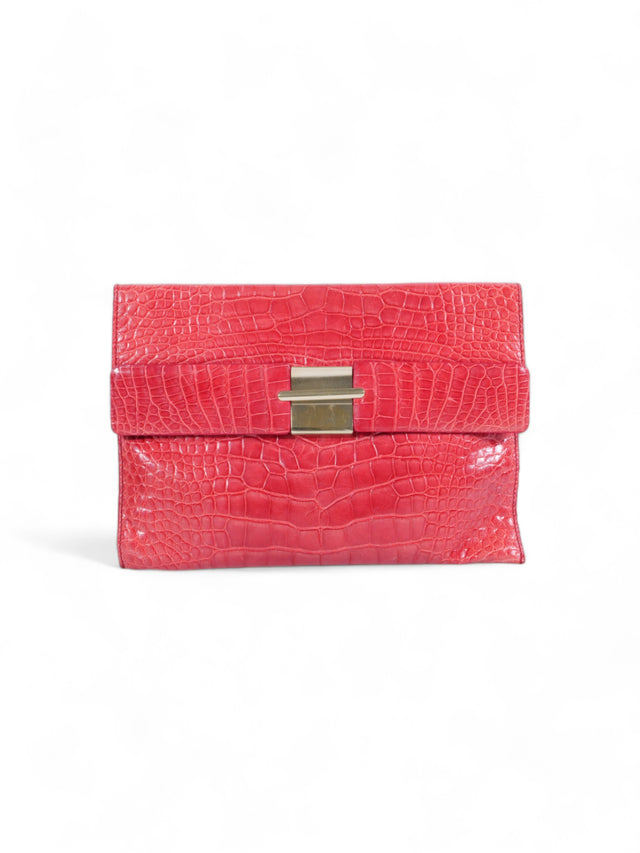 Valentino Garavani Bold Red Crocodile-Embossed Leather Clutch with Sleek Metallic Closure