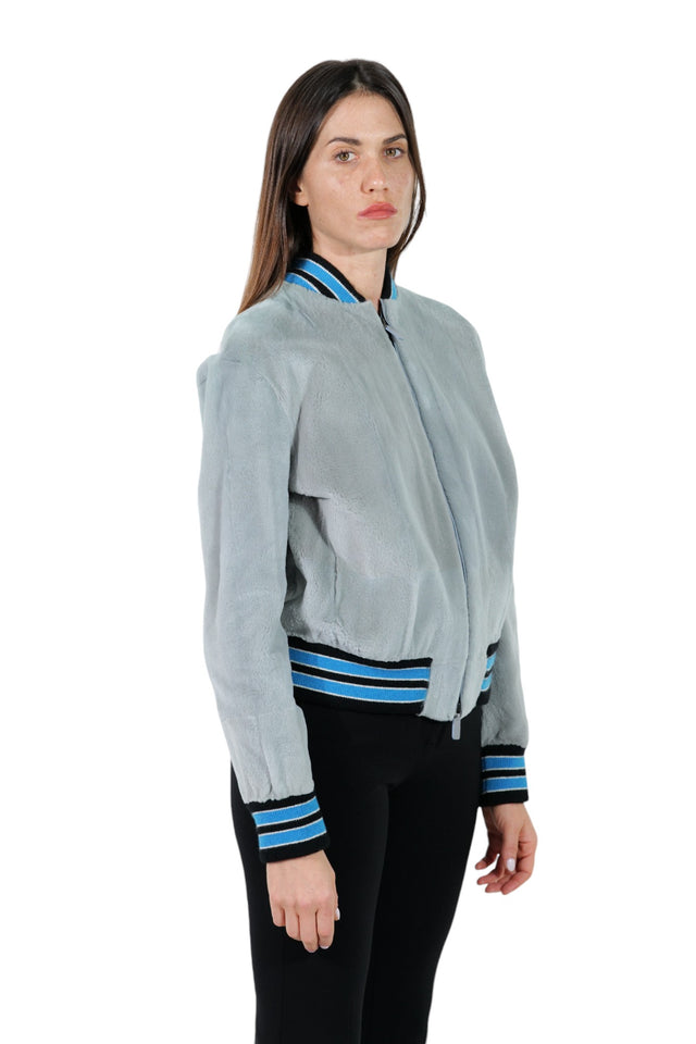 Valentino Gray Mink Bomber Jacket with Striped Accents