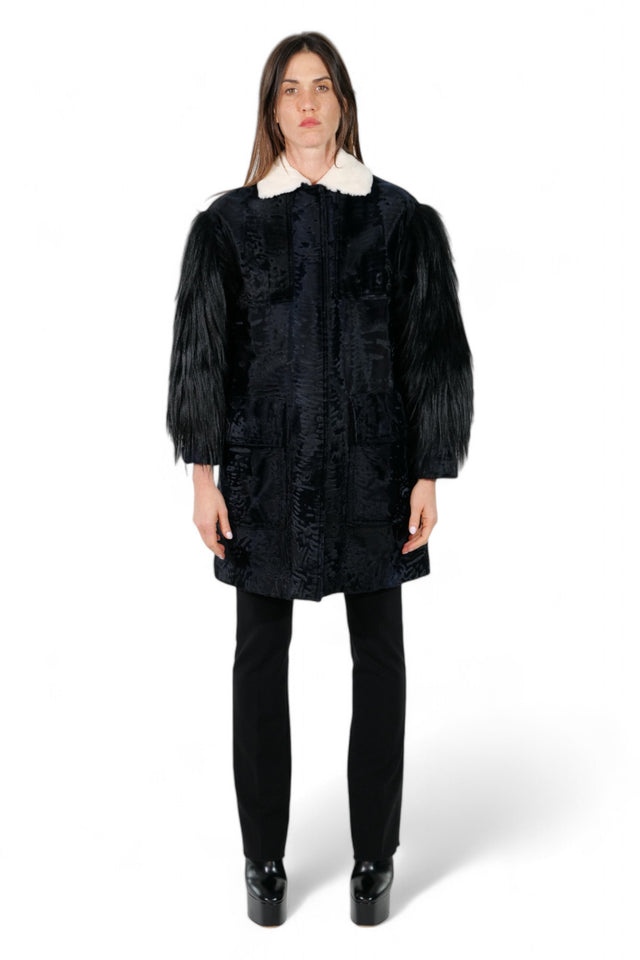 Valentino Midnight Black Textured Coat with Faux Fur Sleeves
