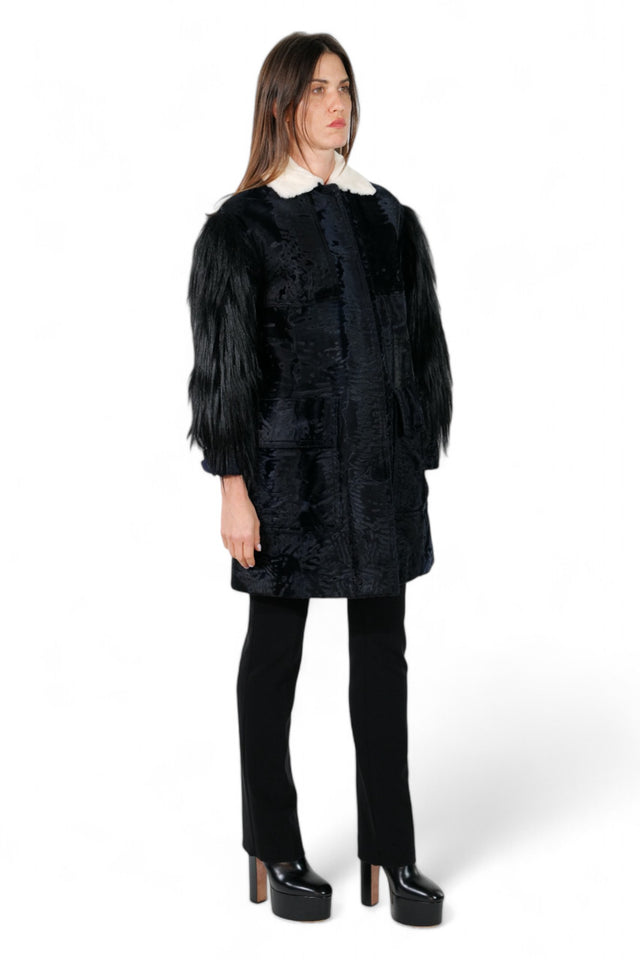 Valentino Midnight Black Textured Coat with Faux Fur Sleeves